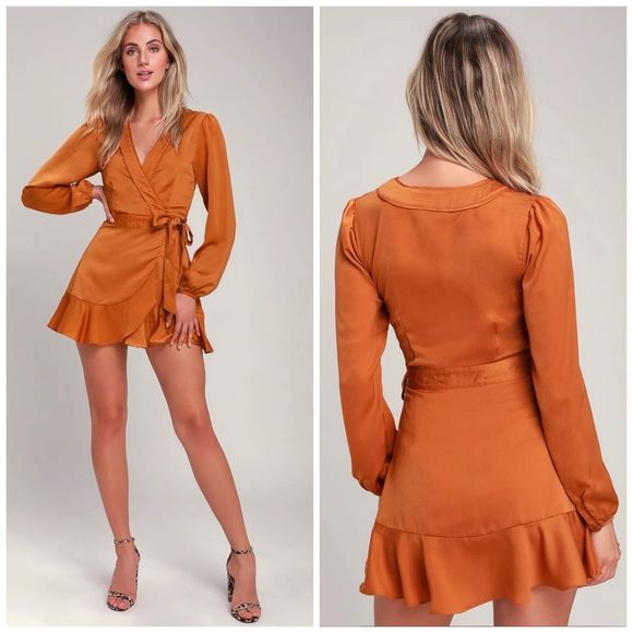 Lulus Dresses & Skirts - Lulu's 
Lilya Rust Orange Long Sleeve Satin Wrap Dress